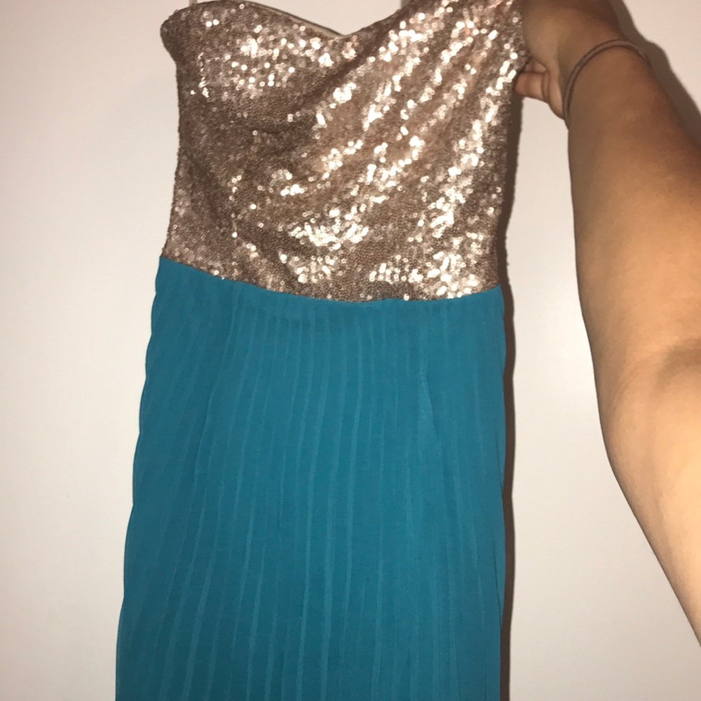 Teal and gold evening gown